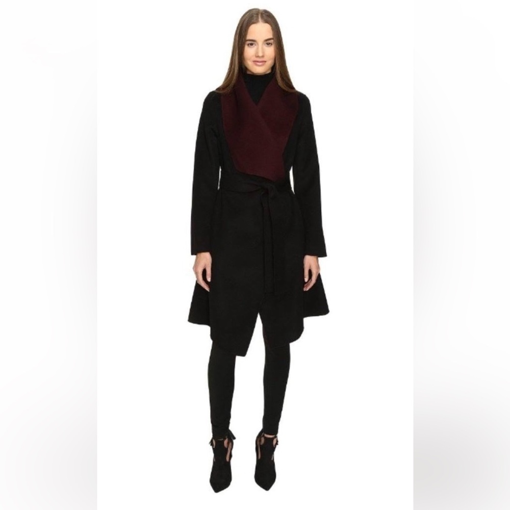 DVF Diane von Furstenberg Jenna Wrap Coat Knee length Black Burgundy Reversible - Picture 6 of 7